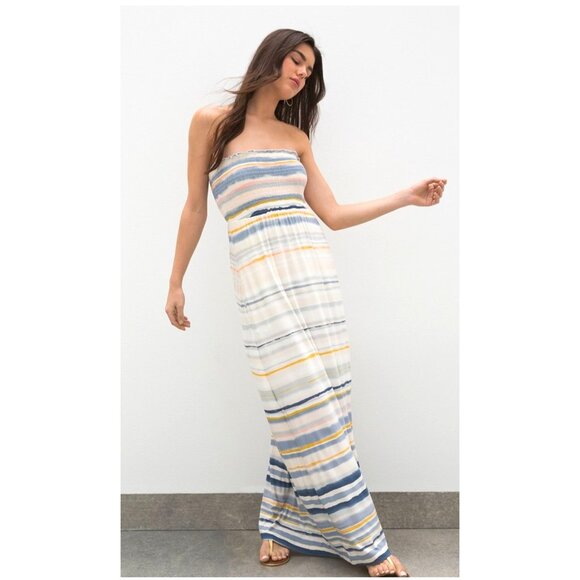 Soma Soft Jersey Smocked Maxi Bra Dress Womens L Seastripe Cloud Blue NWT - Picture 1 of 15